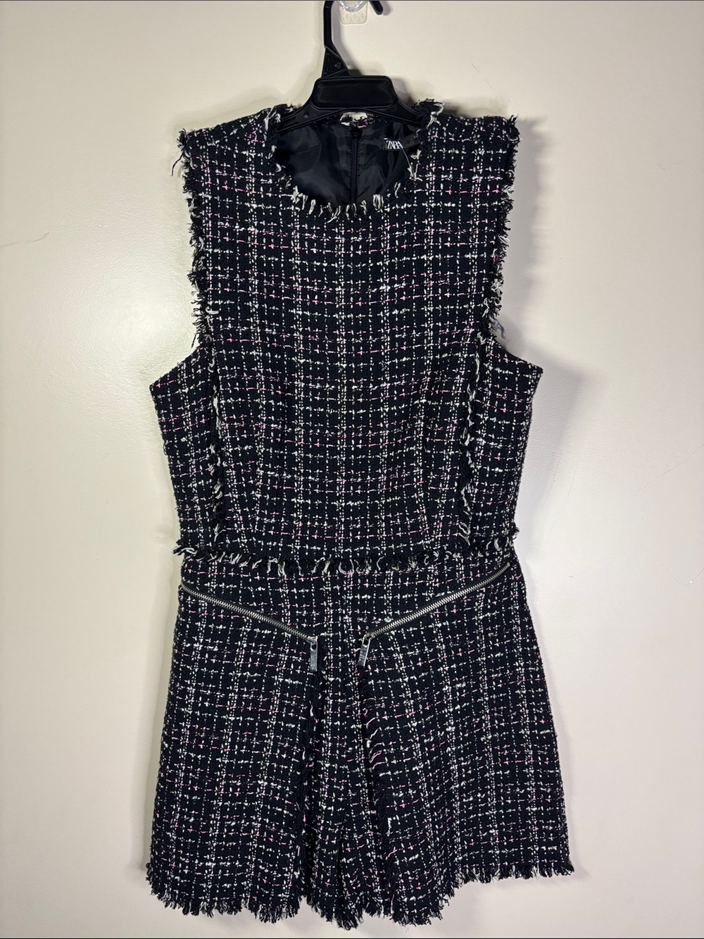 Zara Black Tweed Sleeveless Romper with Pink & White Threading